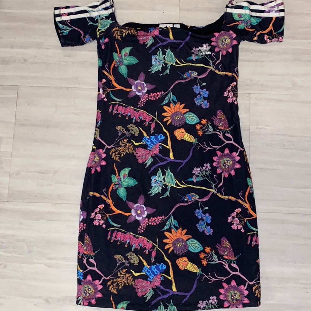 Adidas reversible off shoulder floral mini dress
